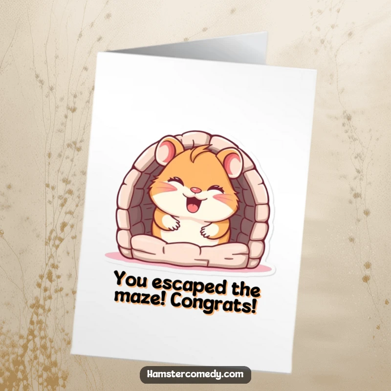 Funny Free Printable Congratulations Card: Giggling hamster peeking from maze entrance, celebrating your achievement with a laugh.