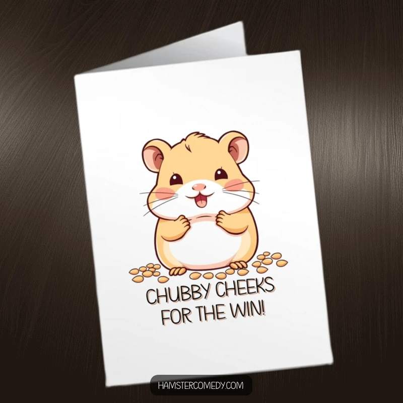Funny Free Printable Congratulations Card: A content kawaii hamster enjoys a delightful cheekful of seeds.