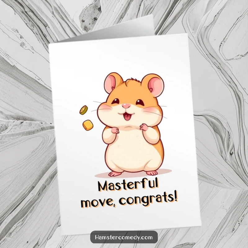 Funny free printable congratulations card: A kawaii hamster skillfully juggling a small treat, celebrating your success.