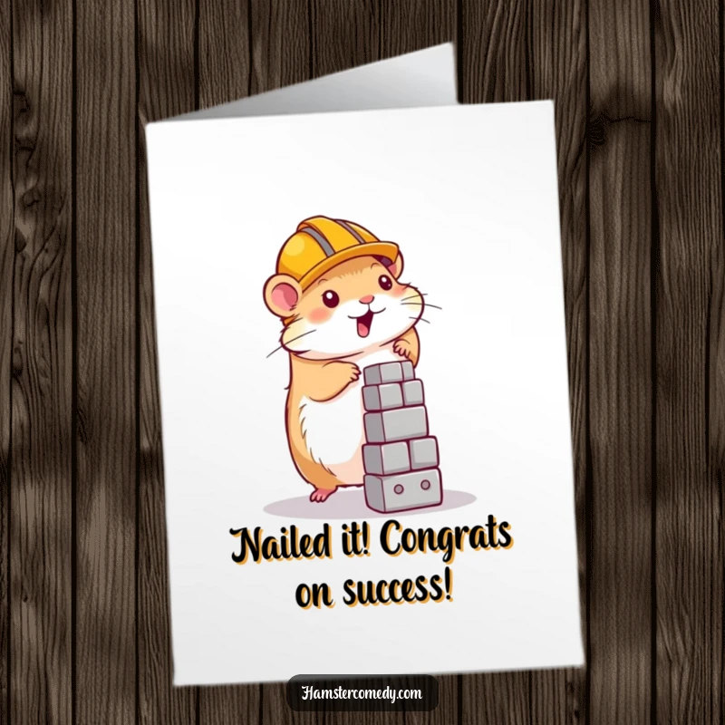 Funny free printable congratulations card showing a cute hamster wearing a hard hat, busy building, celebrating achievements with a smile.