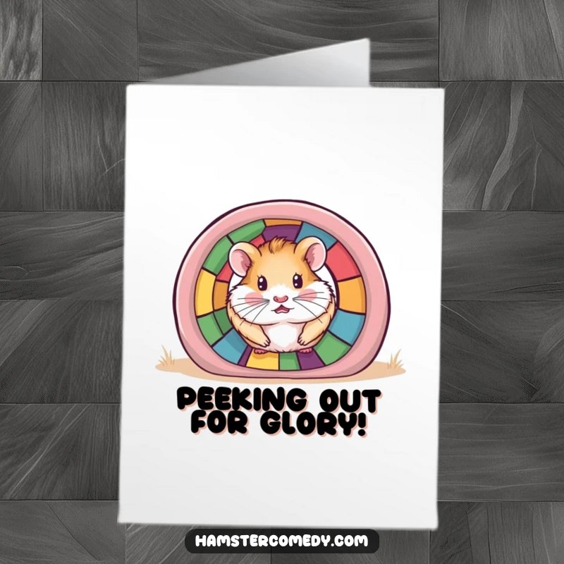 Funny free printable congratulations card of a hamster peeking out from a colorful tunnel, celebrating a new adventure.