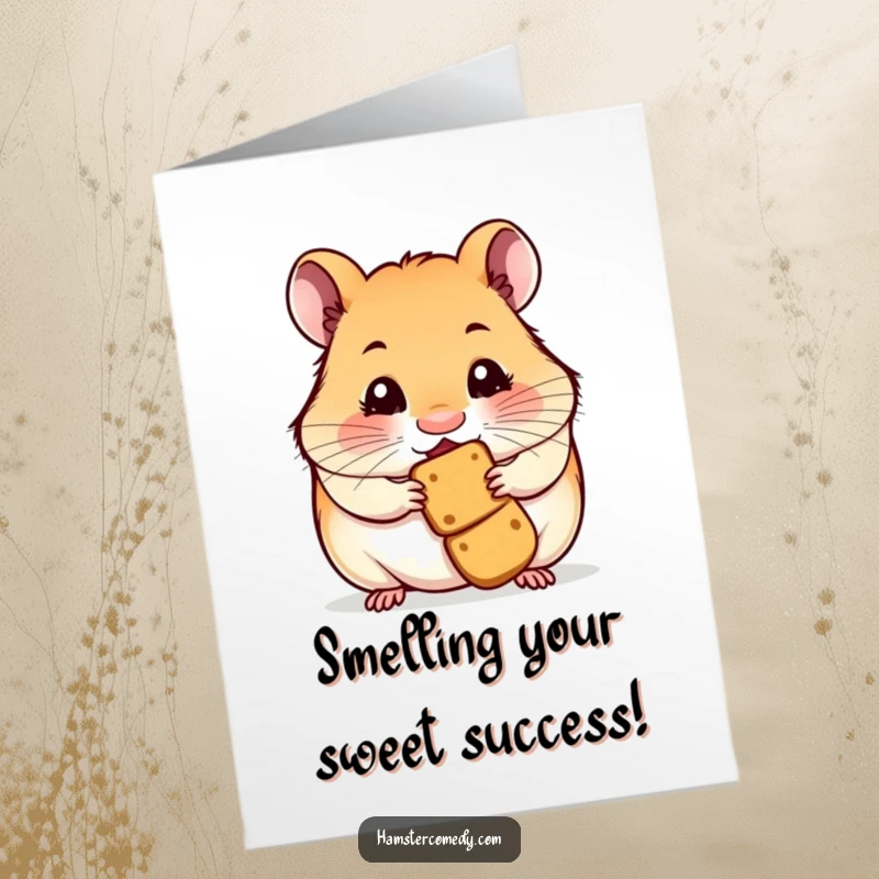 Funny free printable congratulations card with a cute hamster whose nose is twitching, smelling a delightful reward.