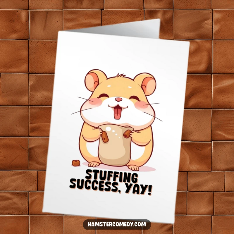 Funny Free Printable Congratulations Card: Cute hamster with bulging cheeks stuffing food, humorous, downloadable celebration.