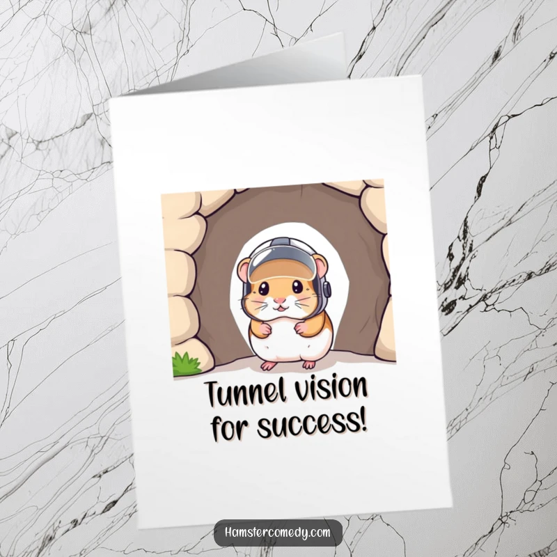 Funny Free Printable Congrats Card: Determined hamster in a helmet peeking from a tunnel, celebrating a big win.