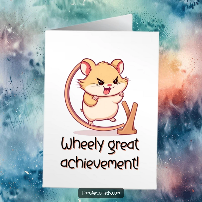 Funny Free Printable Congratulations Card: Tiny hamster determined, running fast on wheel, humorous, downloadable celebration.