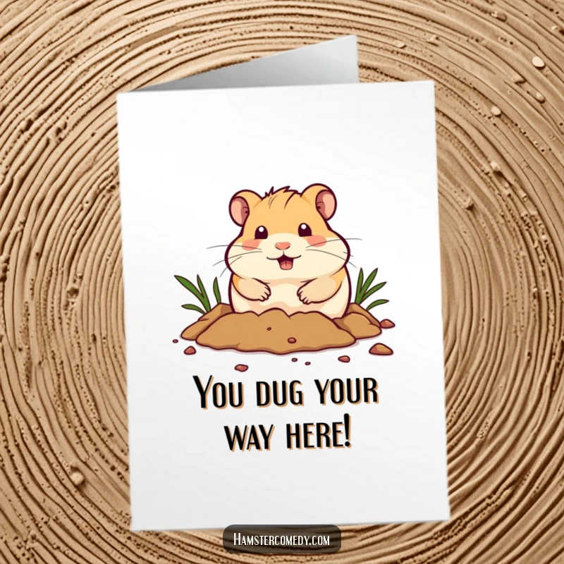 Funny Free Printable Congrats Card: Hamster enthusiastically digging with determined paws, celebrating a success with a funny look.