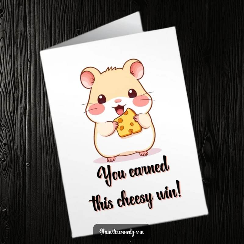 Funny Free Printable Congratulations Card: Kawaii hamster joyfully holding a small piece of cheese, great for DIY celebration cards.
