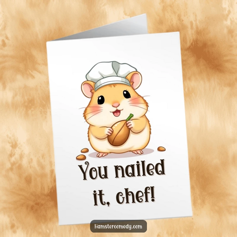 Funny Free Printable Congrats Card: Kawaii hamster chef presents a seed with pride, celebrating achievements.