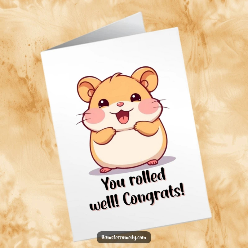 Funny Free Printable Congratulations Card showing a kawaii hamster in mid-roll, exuding happiness and celebratory vibes.