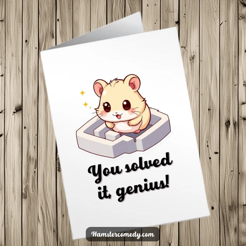Funny Free Printable Congratulations Card: Hamster excitedly exploring miniature maze, sparkling eyes, humorous, downloadable celebration.