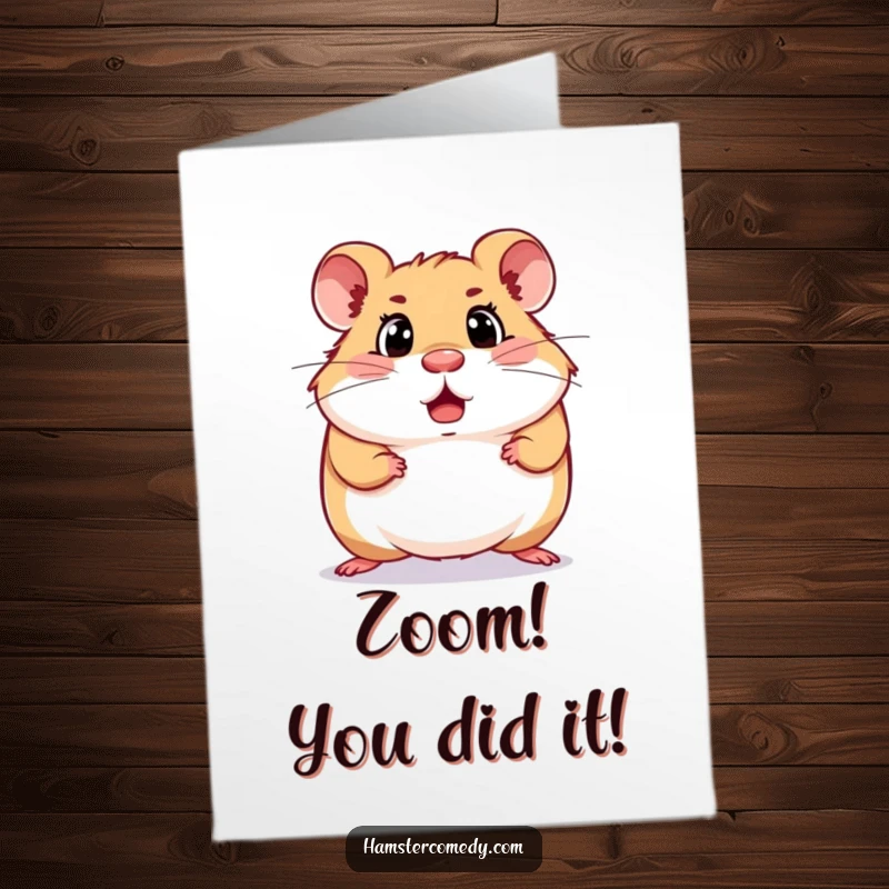 Funny Free Printable Congrats Card showing a hamster with a comically surprised look, mid-scurry, a quirky DIY gift.