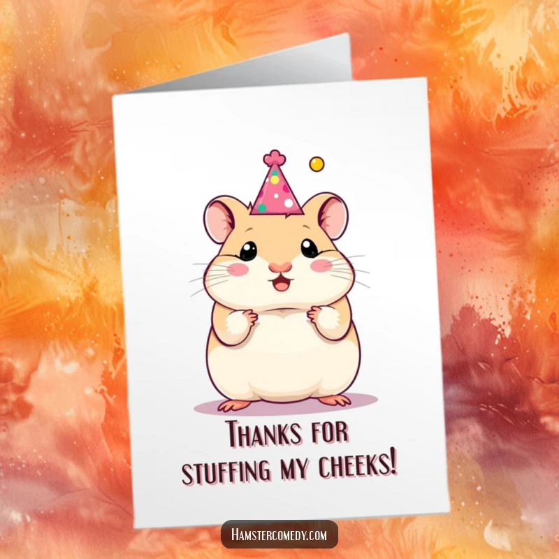 Cute Free Printable Thank You Card featuring a happy hamster in a party hat, offering a grateful nod.
