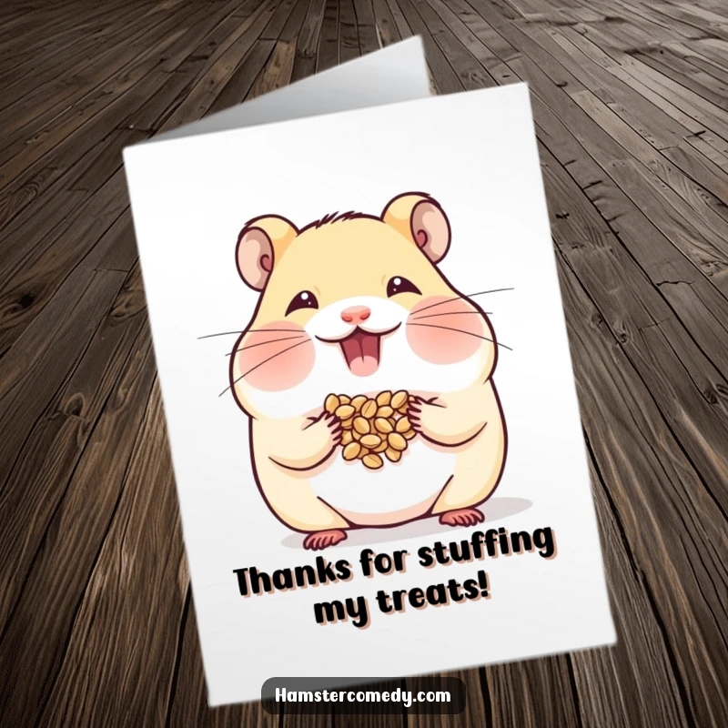 Funny free printable thank you card of a hamster happily stuffing its cheeks with seeds, conveying warm gratitude.
