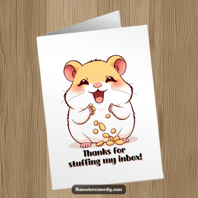 Funny Free Printable Thank You Card: A hamster with bulging cheeks, overflowing with seeds and gratitude.