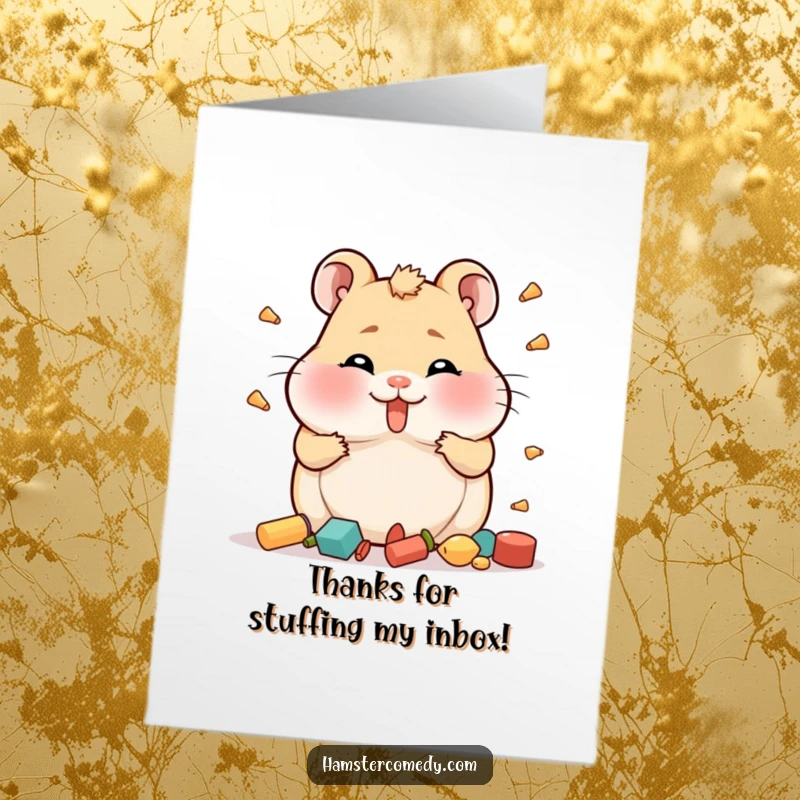 Funny Free Printable Hamster Thank You Card, showing a hamster with impossibly full cheeks comically trying to hoard more items.