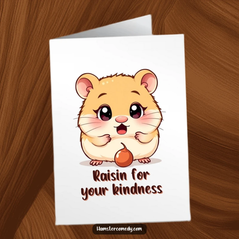 Funny Free Printable Thank You Card: Wide-eyed hamster in utter shock at a dropped raisin, making for a hilarious thank you.