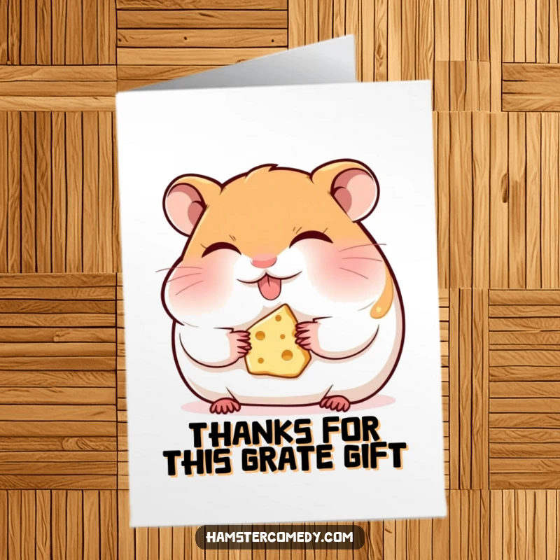 Funny Free Printable Thank You Card: Hamster happily eating cheese, eyes closed in pure contentment.