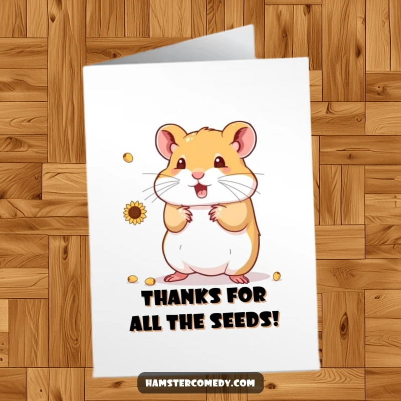 Funny Free Printable Thank You Card: A cute hamster juggling sunflower seeds, expressing heartfelt thanks with humor.