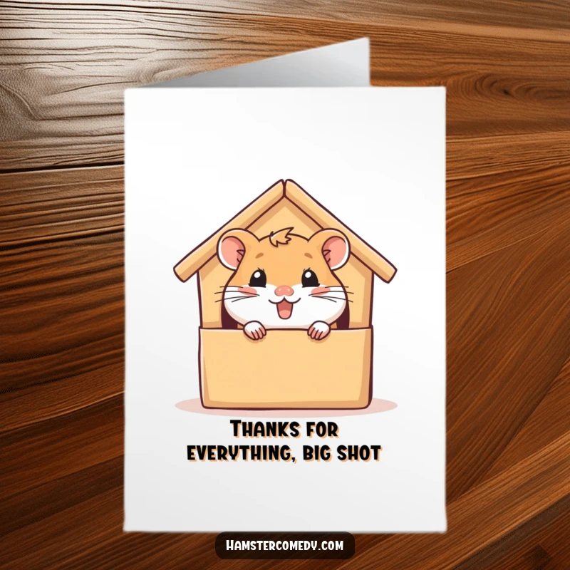 Funny Free Printable Thank You Card: A joyful hamster peeking from its house, conveying heartfelt thanks with adorable glee.