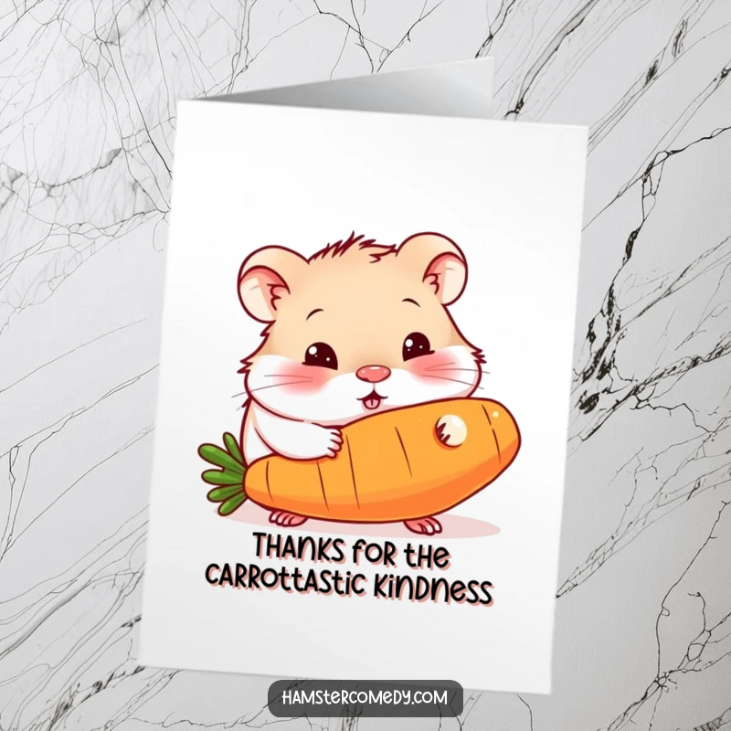 Funny Free Printable Thank You Card: Grateful hamster with a curious expression nibbling a giant carrot, for expressing thanks.
