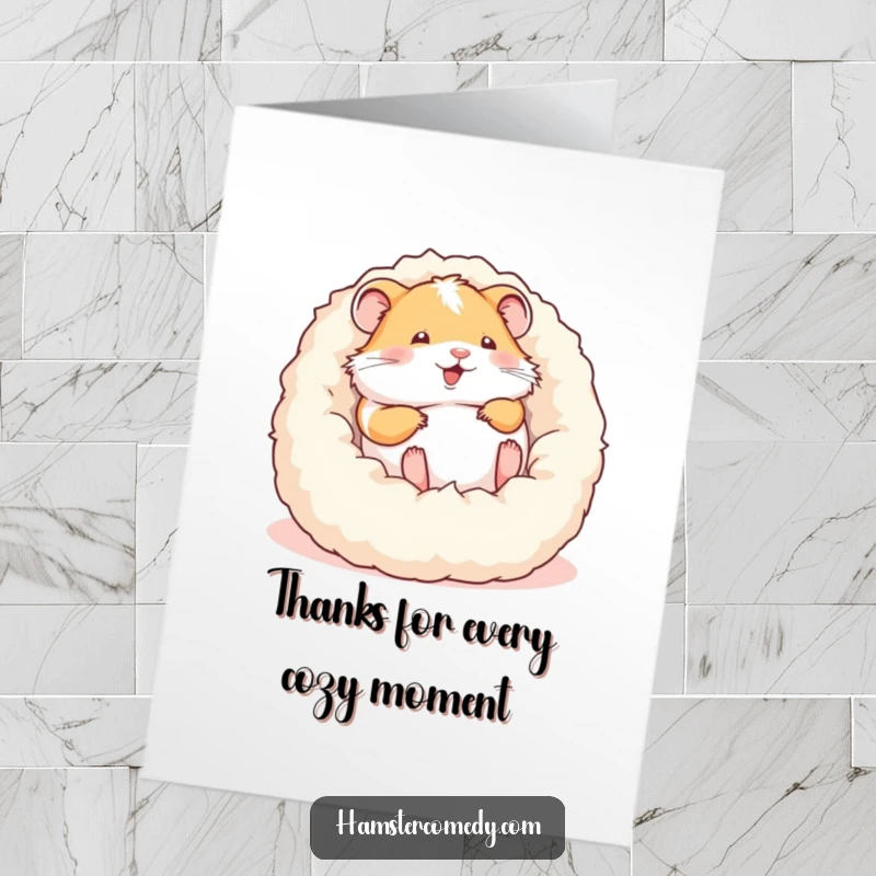 Funny Free Printable Thank You Card: Hamster rolling in a bed, conveying thanks with pure joy. Downloadable, print at home.