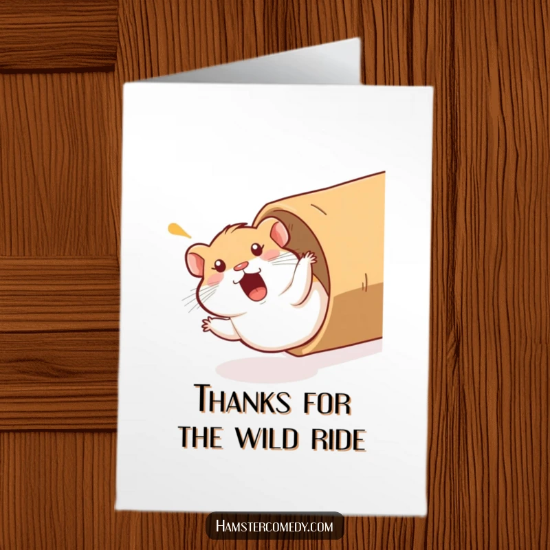 Funny Free Printable Thank You Card: Hamster slides down a tube with a surprised expression and yelp.