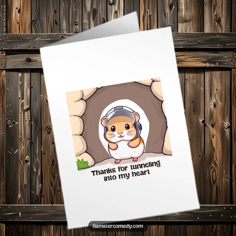 Funny Free Printable Thank You Card: Brave hamster in a helmet peeking from a tunnel, expressing gratitude.