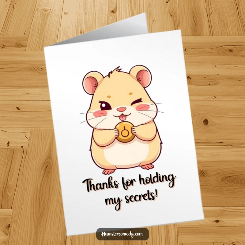 Funny Free Printable Thank You Card featuring a kawaii hamster with a cheeky wink and holding a tiny, interesting button.
