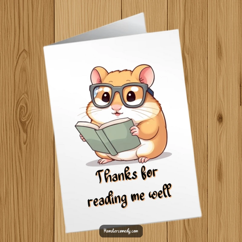 Funny Free Printable Thank You Card: Hamster wearing glasses reads a tiny book with great focus.