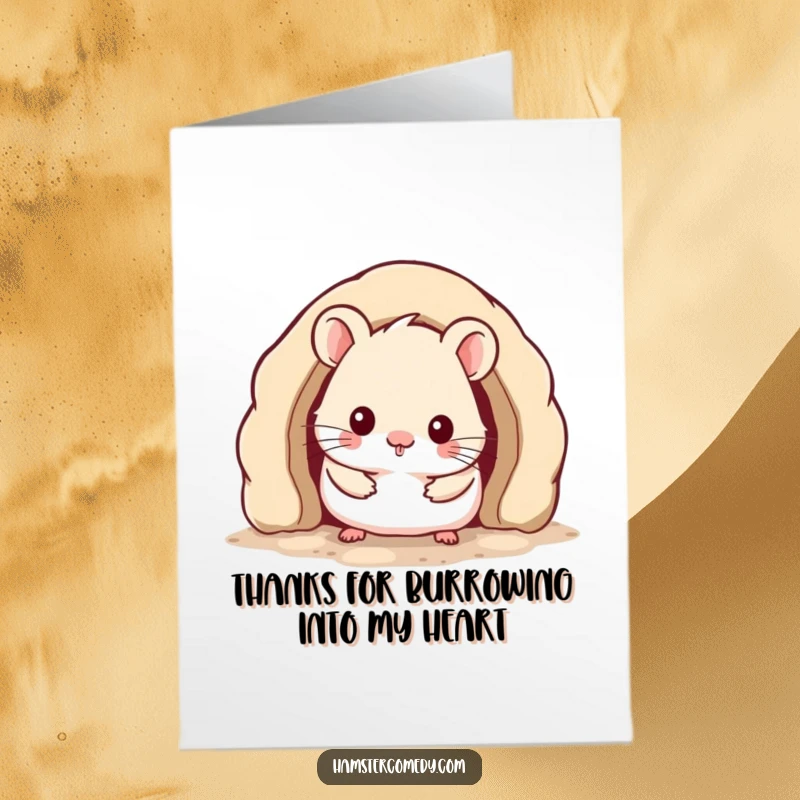 Funny Free Printable Thank You Card: Kawaii hamster peeking from burrow, expressing gratitude with a cute, happy gesture.