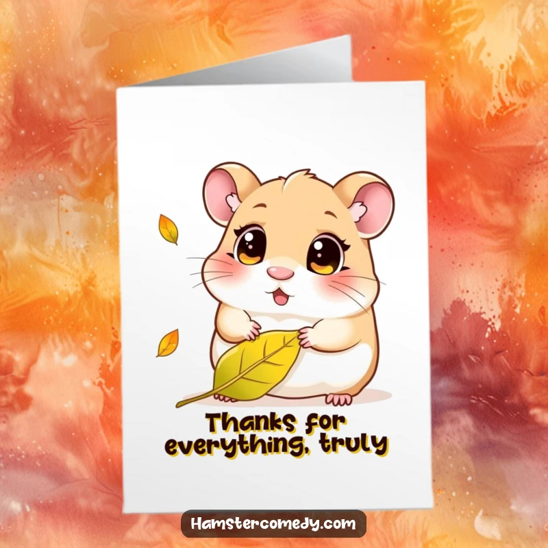 Funny Free Printable Thank You Card shows a kawaii hamster with curious, large eyes watching a solitary leaf fall gently.