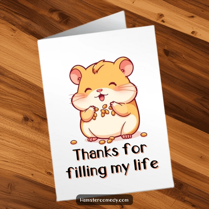 Funny Free Printable Thank You Card: Kawaii hamster hoarding seeds in its cheeks, a cute way to express thanks.