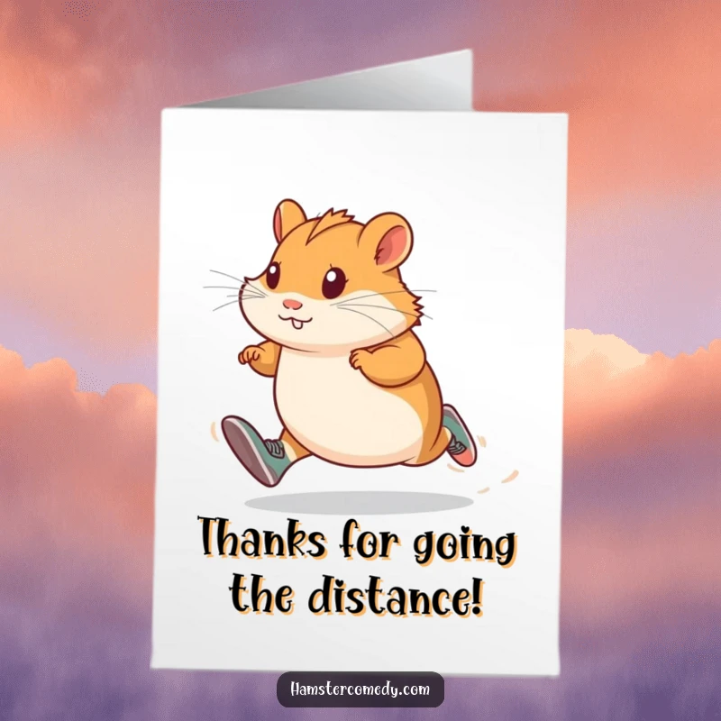 Funny Free Printable Hamster Thank You Card: A hamster wearing small running shoes sprints with a focused, determined look.