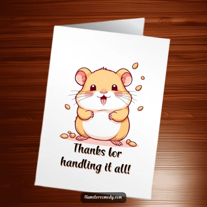 Funny Free Printable Thank You Card: Kawaii hamster gracefully juggles tiny seeds, a delightful performance of thanks. DIY thank you gift.