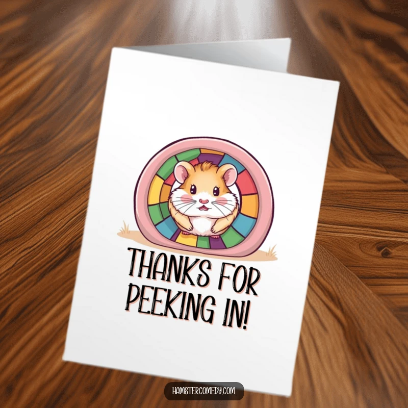Funny free printable thank you card of a hamster peeking out from a colorful tunnel, offering warm thanks.