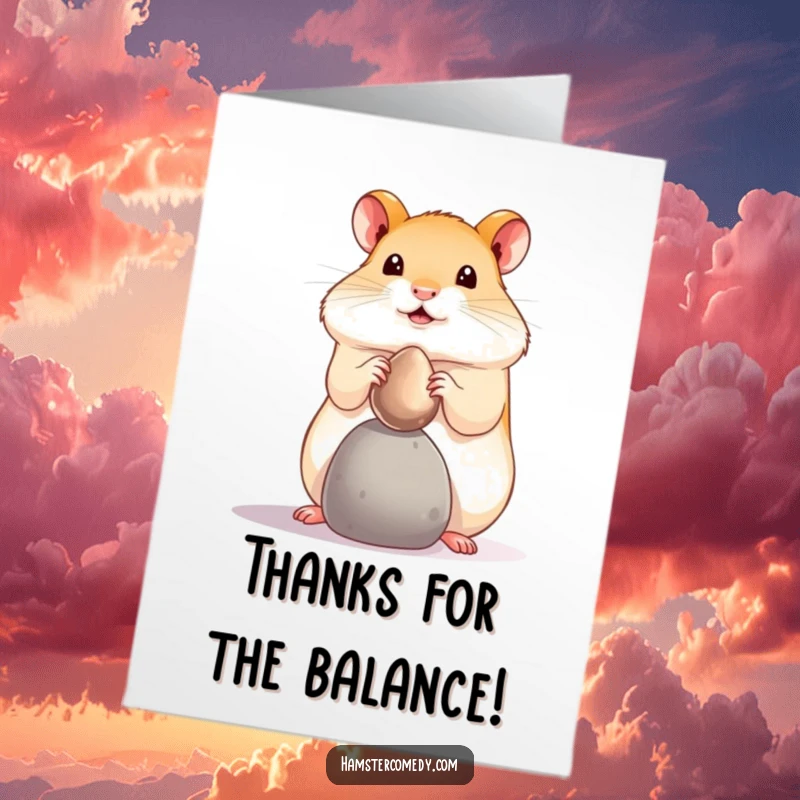 Free printable thank you card with a hamster balancing a shiny pebble precariously on its nose.