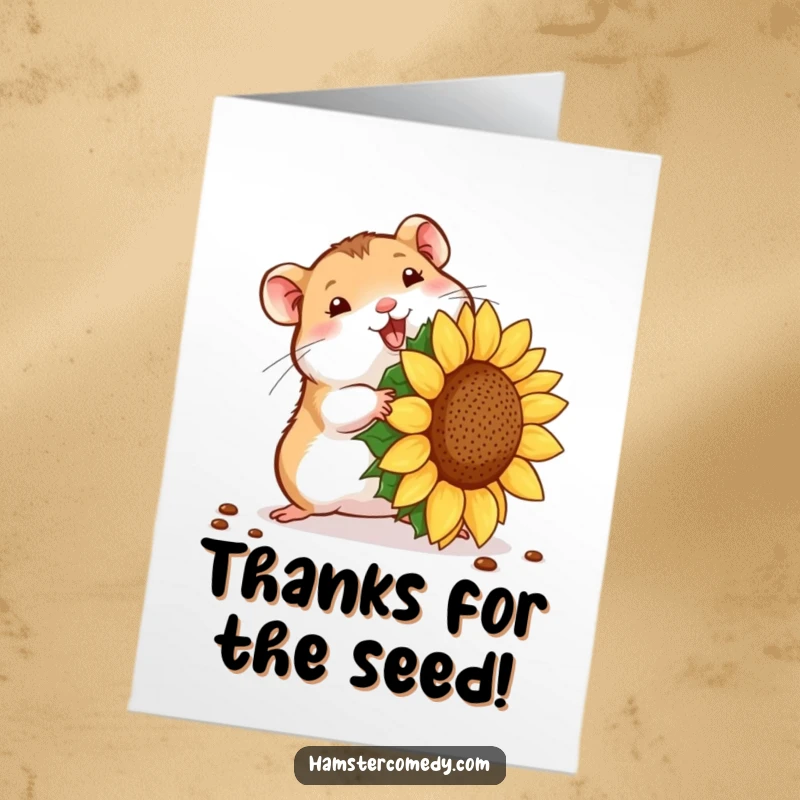 Free printable thank you card with a hamster comically trying to move an enormous sunflower seed.