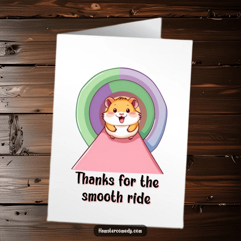 Funny free printable thank you card showing a happy hamster sliding down a tunnel, conveying thanks with playful energy.