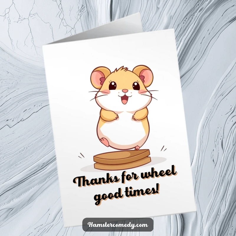 Funny Free Printable Thank You Card: A happy kawaii hamster runs on its wheel, spreading thanks.