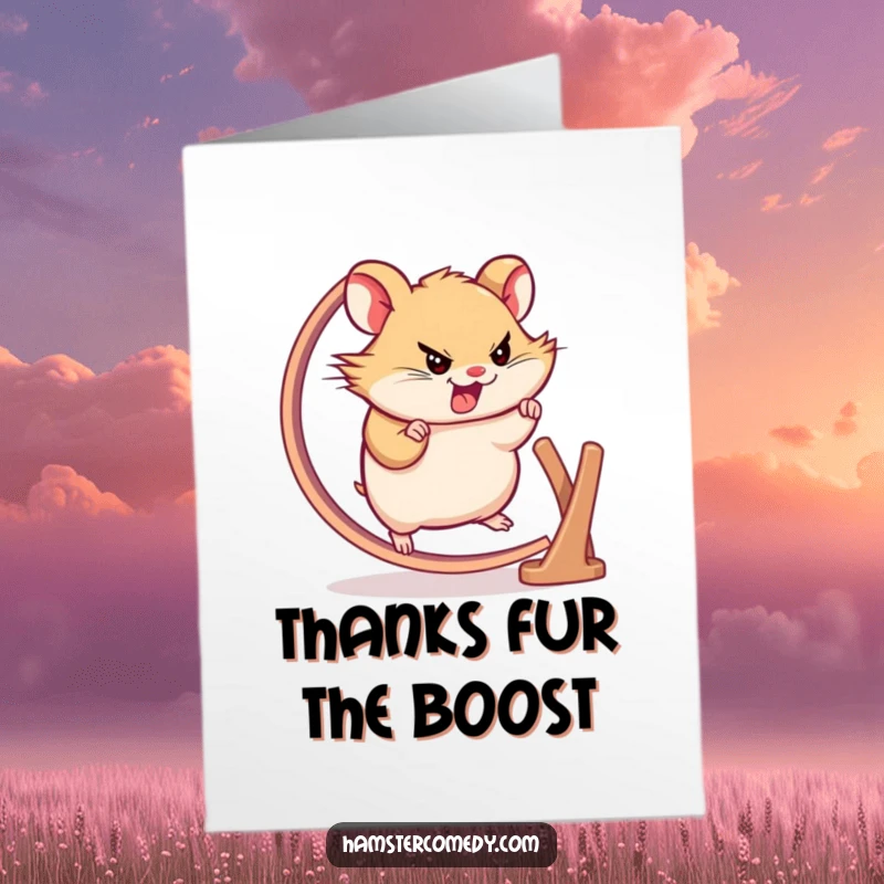 Funny Free Printable Thank You Card: Tiny hamster determined, running fast on wheel, humorous, downloadable gratitude.