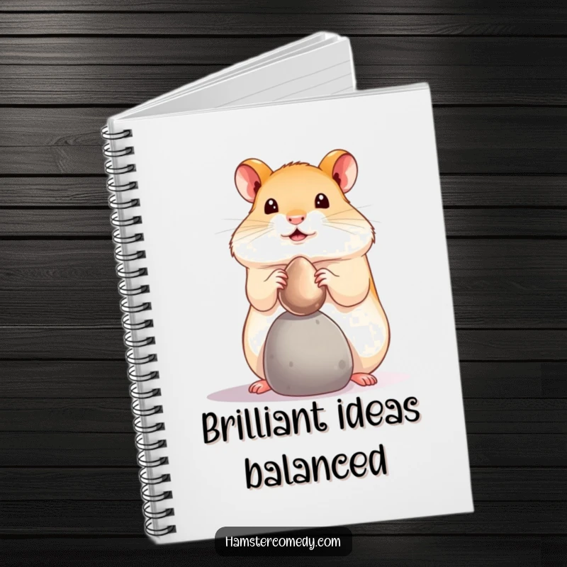 Funny hamster pebble balance notebook, showing a tiny hamster balancing a shiny pebble. Stationery funny gift.