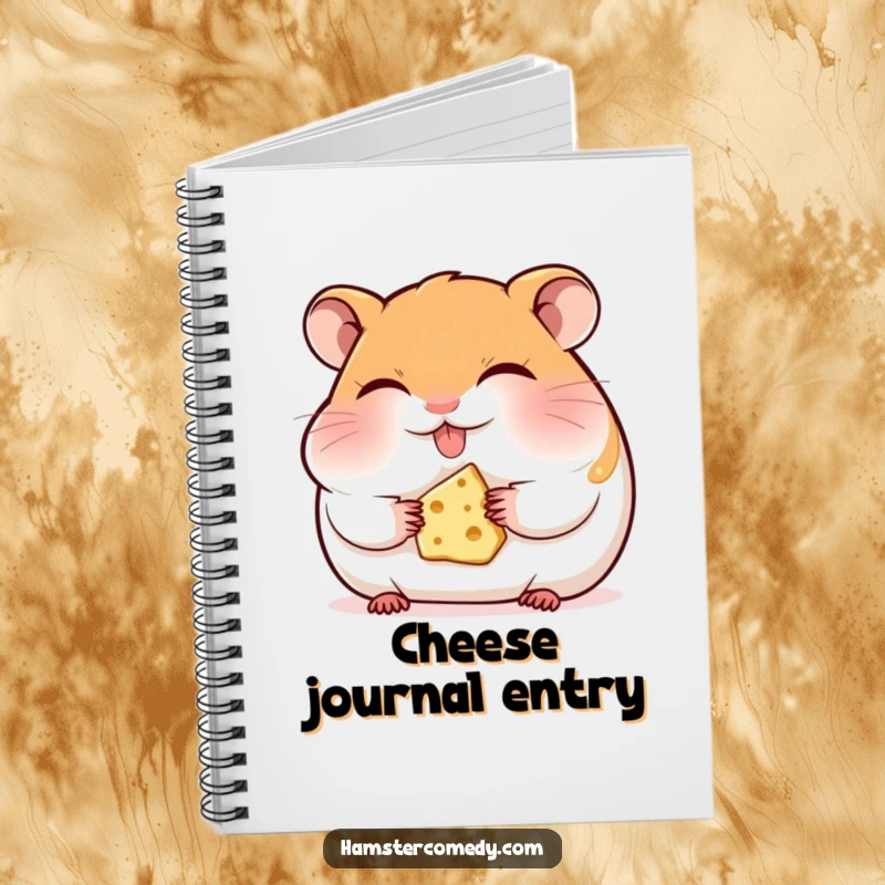 Funny hamster notebook, eyes closed, happily munching cheese, perfect for jotting down ideas with foodie enthusiasm.