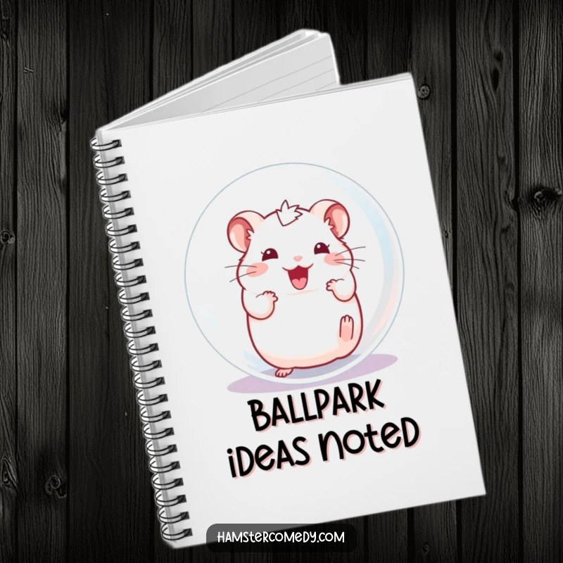 Funny Hamster Notebook, featuring an excited character happily rolling inside a transparent ball, great for writing.