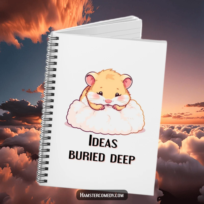 Funny hamster notebook design showing a cute hamster cheerfully digging into a soft fluff pile, ideal for capturing notes and ideas playfully.