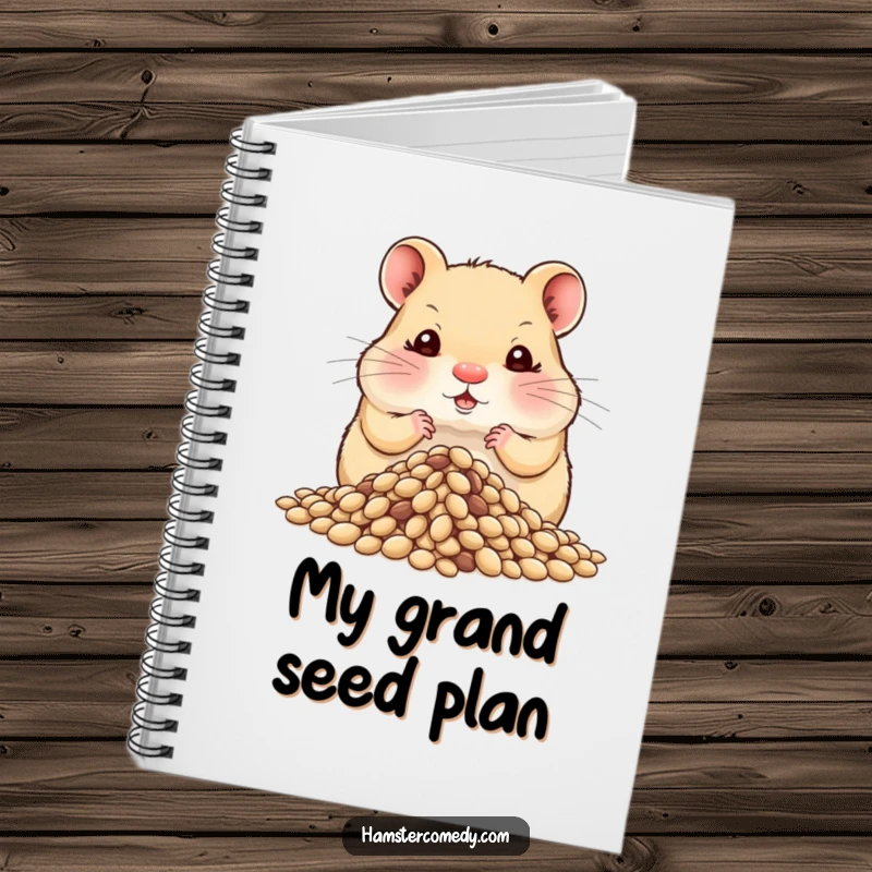 Funny hamster with overstuffed cheeks hoarding seeds on a notebook cover, ideal for jotting down lists and ideas.