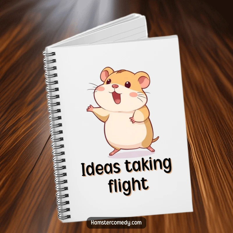 Funny hamster in a silly hop pose, back legs stretched, notebook cover, great funny gift.