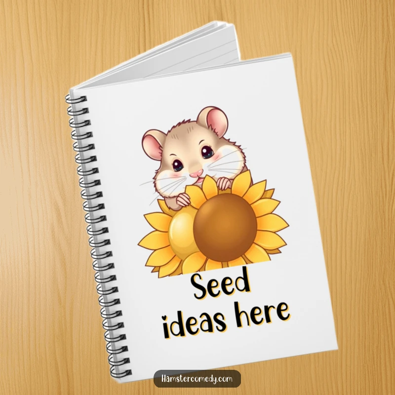 Funny hamster notebook cover featuring a curious hamster tilting its head to nibble a giant sunflower seed, ideal for notes and sketches.