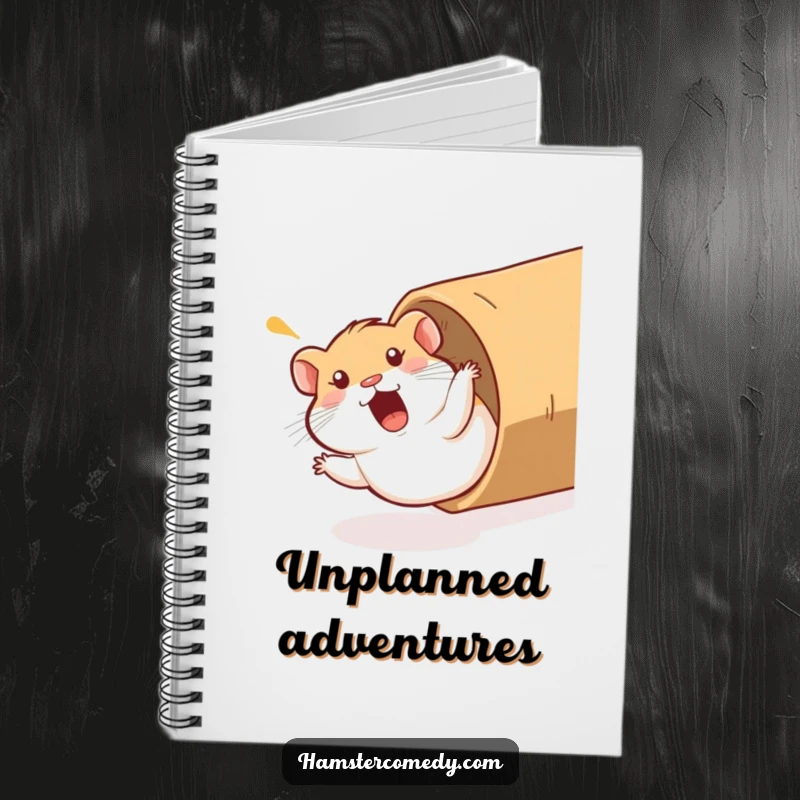 Funny Hamster Notebook: A hamster comically sliding down a cardboard tube, ideal for note-taking with a smile and a hint of fun.