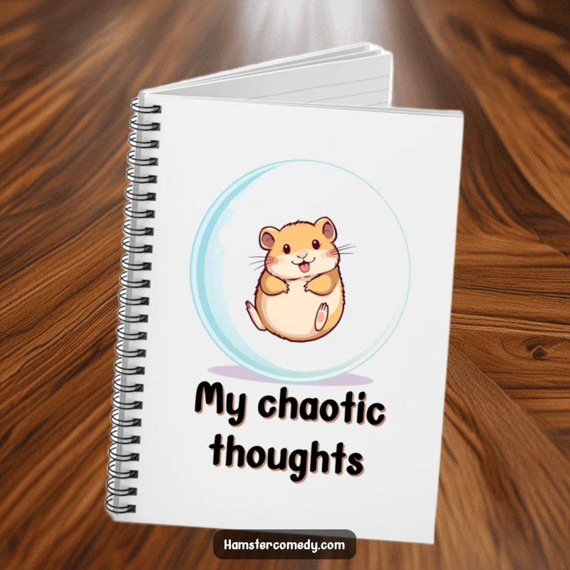 Funny hamster rolling inside a clear ball, writing in a notebook, perfect for ideas and gifts.