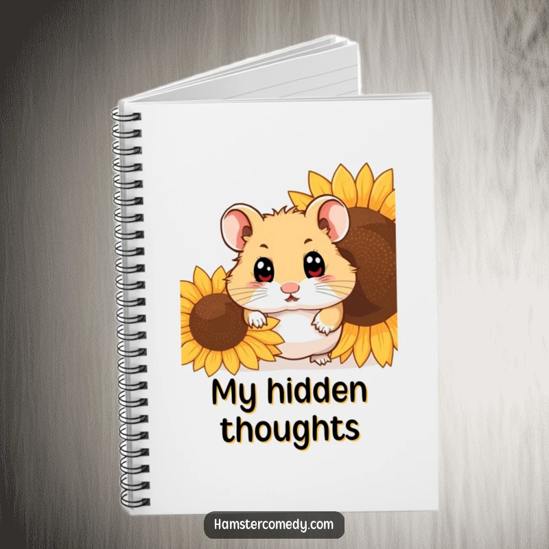 Funny hamster peeking from behind a sunflower seed, writing in a notebook, perfect for notes and gifts.